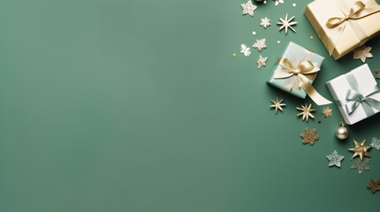 Christmas or New Year composition. Gifts, snowflakes and decorations on green background. Flat lay, top view, copy space