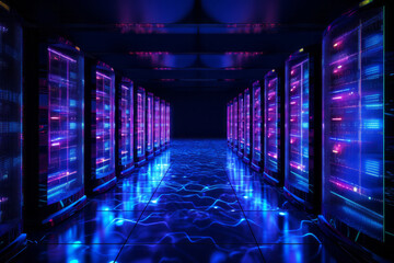 Corridor of a data storage facility with the glow of blue and purple LED lights between the high speed computing servers. Internet and cloud services concept - obrazy, fototapety, plakaty