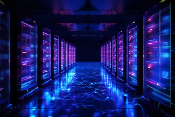 Foto op Canvas Corridor of a data storage facility with the glow of blue and purple LED lights between the high speed computing servers. Internet and cloud services concept © Cherstva