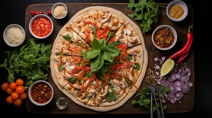Fototapeta na wymiar Overhead shot of a Thai Chicken Pizza surrounded by ingredients, telling a story of its preparation.