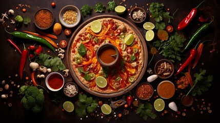 Obraz na płótnie Canvas Overhead shot of a Thai Chicken Pizza surrounded by Thai-inspired ingredients, creating a visually thematic image.