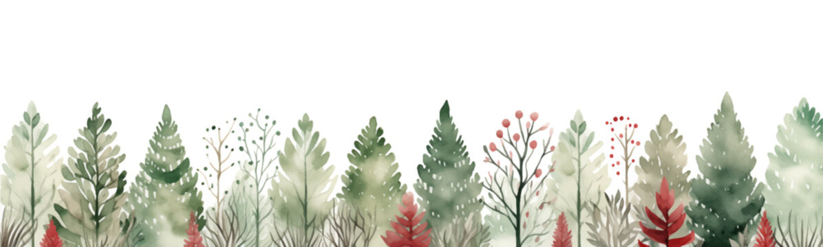 Watercolor forest horizontal seamless border. Watercolor hand painted illustration.