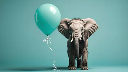 Foto op Canvas A curious baby elephant with a balloon on a solid mint green background. Generative AI © Zohaib