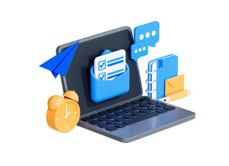 3D Computer laptop with office management concept. Screen with letter in envelope. Mail service. Business marketing. Online monitoring of documents. Cartoon isometric design icon png. 3D Rendering - obrazy, fototapety, plakaty