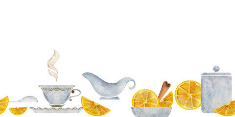 Watercolor hand drawn illustration. Tea pot cups saucer lemon cinnamon green leaf. Seamless banner. Isolated on white background. For invitations, cafe, restaurant food menu, print, website, cards