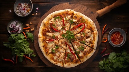 Fototapeta na wymiar Overhead view of a Thai Chicken Pizza on a rustic wooden table, creating a warm and inviting atmosphere.