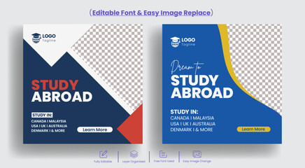 Editable social media post banner for study abroad, educational instagram post banner or promotional business marketing facebook ads orsquare flyer design  - obrazy, fototapety, plakaty