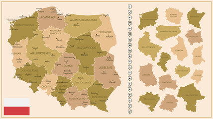Poland - detailed map of the country in brown colors, divided into regions.