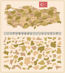 Turkey - detailed map of the country in brown colors, divided into regions.