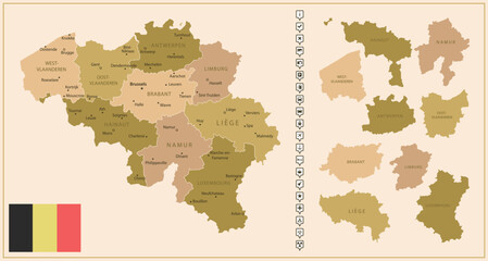 Belgium - detailed map of the country in brown colors, divided into regions.