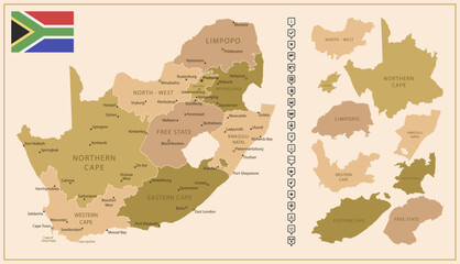 South Africa - detailed map of the country in brown colors, divided into regions. - obrazy, fototapety, plakaty