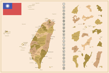 Taiwan - detailed map of the country in brown colors, divided into regions.