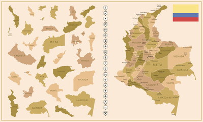 Colombia - detailed map of the country in brown colors, divided into regions.