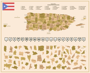 Obraz premium Puerto Rico - detailed map of the country in brown colors, divided into regions.