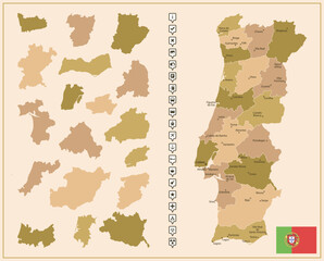 Portugal - detailed map of the country in brown colors, divided into regions.