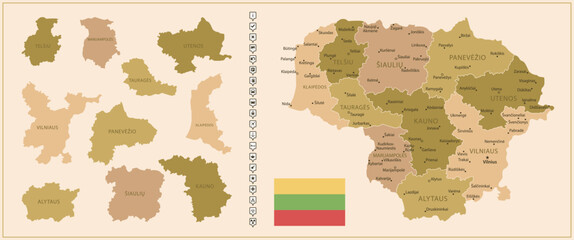 Lithuania - detailed map of the country in brown colors, divided into regions.