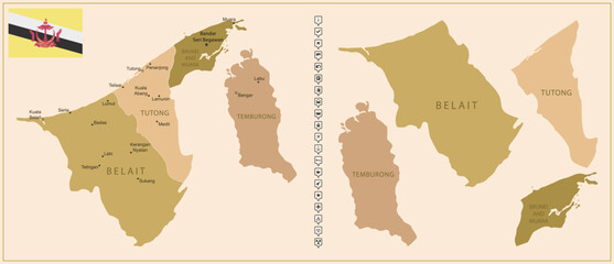 Brunei - detailed map of the country in brown colors, divided into regions.