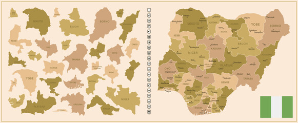 Nigeria - detailed map of the country in brown colors, divided into regions.