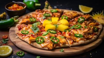 Spicy Sriracha Chicken and Mango Pizza, capturing the sweet and spicy fusion of Sriracha and mango