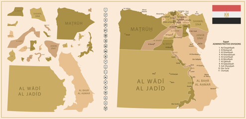 Egypt - detailed map of the country in brown colors, divided into regions.