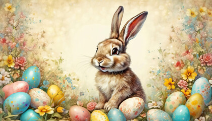 Cute easter bunny with eggs and flowers with copy space