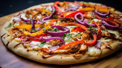 Succulent Chicken Pizza with a medley of colorful bell peppers and onions