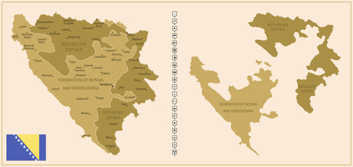 Bosnia and Herzegovina - detailed map of the country in brown colors, divided into regions.
