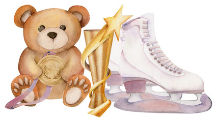 Hand drawn watercolor cute plush toy bear with figure skating boots, winter sports equipment. Illustration isolated on white background. Design poster, print, website, card, invitation, shop brochure