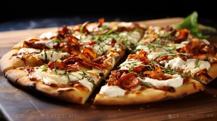 Sun-Dried Tomato and Goat Cheese Chicken Pizza, emphasizing the creamy goat cheese - obrazy, fototapety, plakaty