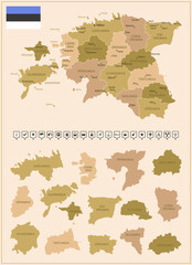 Estonia - detailed map of the country in brown colors, divided into regions.