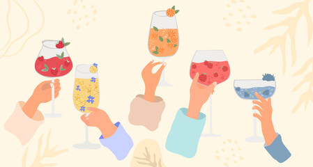 Friends with an array of classic cocktails. Assorted drinks like Mojito, Mimosa, and Aperol Spritz in varied glassware. Alcoholic refreshments perfect for menu display, posters and web banners.Vector