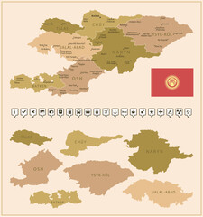 Obraz premium Kyrgyzstan - detailed map of the country in brown colors, divided into regions.
