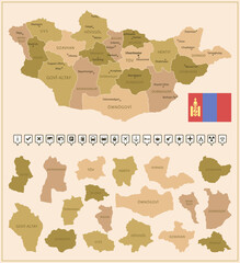 Mongolia - detailed map of the country in brown colors, divided into regions.