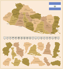 El Salvador - detailed map of the country in brown colors, divided into regions.