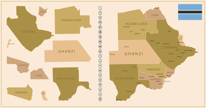Botswana - detailed map of the country in brown colors, divided into regions.