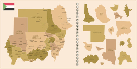 Sudan - detailed map of the country in brown colors, divided into regions.