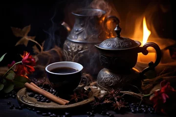 Foto op Aluminium Steaming coffee cup with beans and traditional Arabic pot © Anna