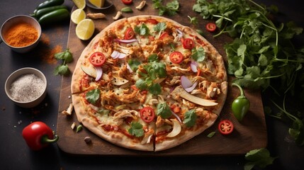 Thai Chicken Pizza on a marble serving board with ingredients neatly arranged, creating an elegant and appetizing composition.