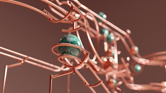 Artistic steel track marble run machine on plain background. Satisfying Copper rail rolling ball sculpture. 3d animation