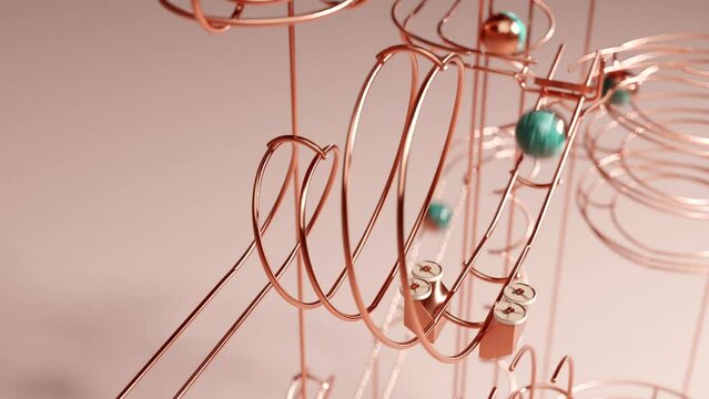 Artistic steel track marble run machine on plain background. Satisfying Copper rail rolling ball sculpture. 3d animation