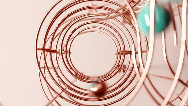 Artistic steel track marble run machine on plain background. Satisfying Copper rail rolling ball sculpture. 3d animation