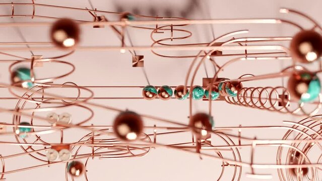Artistic steel track marble run machine on plain background. Satisfying Copper rail rolling ball sculpture. 3d animation
