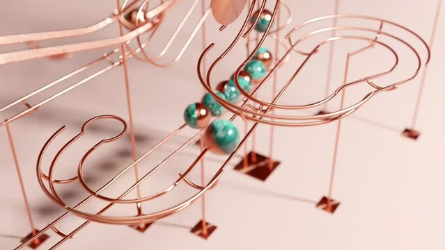 Artistic steel track marble run machine on plain background. Satisfying Copper rail rolling ball sculpture. 3d animation