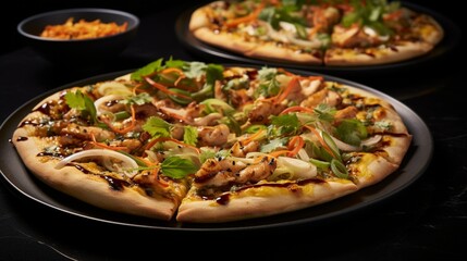 Thai Chicken Pizza on a modern black plate, creating a sleek and sophisticated visual appeal.
