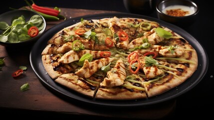 Thai Chicken Pizza on a modern black plate, creating a sleek and sophisticated visual appeal.