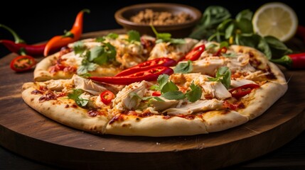 Thai Chicken Pizza on a stone oven tray, highlighting the authenticity of its baking process.