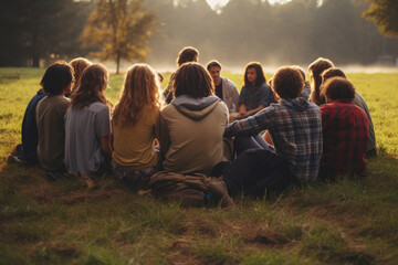 Young people sitting in a circle on the grass outdoors