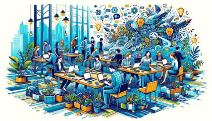 A vibrant illustration of a startup office, filled with young entrepreneurs