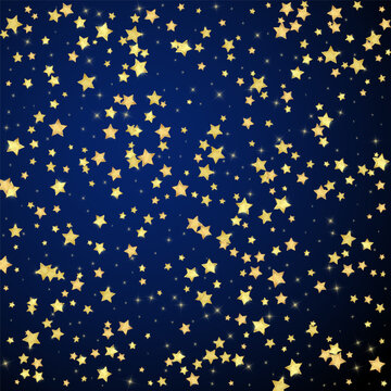 Magic stars vector overlay. Gold stars scattered around randomly, falling down, floating. Chaotic dreamy childish overlay template. Enchanting vector with magic stars on dark blue background.