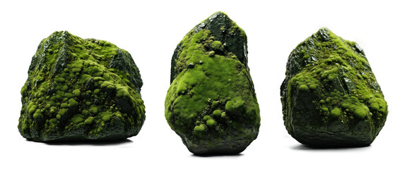 set of realistic nature wet mossy stones isolated on transparent, PNG or white background. collection of overgrown wet stones for natural garden yard decoration. - obrazy, fototapety, plakaty